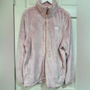 Pink fuzzy North Face Jacket with rose gold zipper